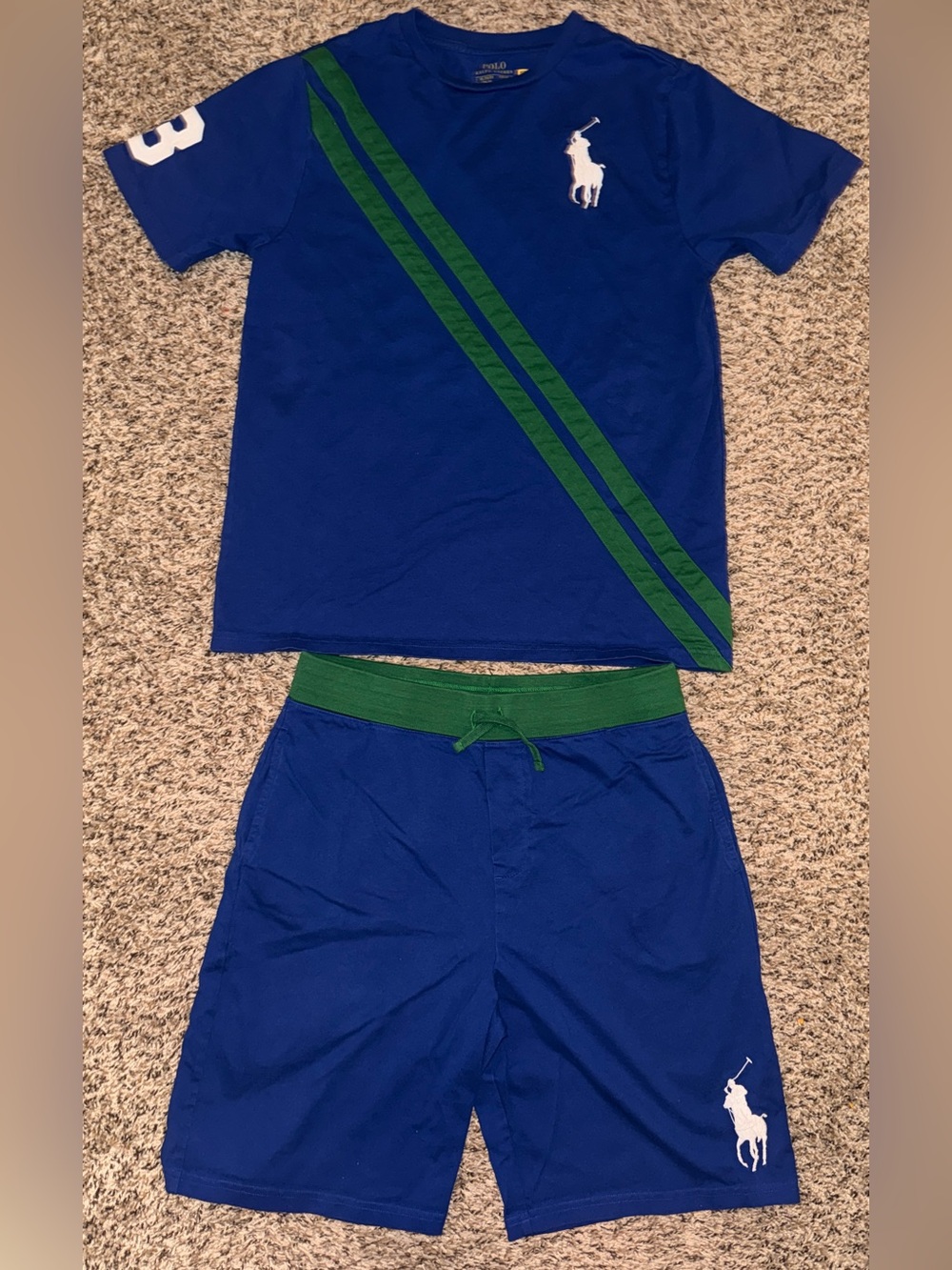 Ralph Lauren Royal Blue Tee & Short Set with Green Diagonal Stripes